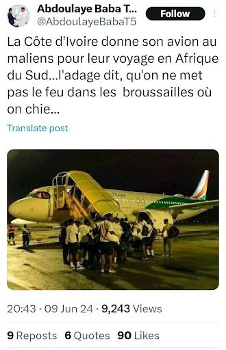 Faux, cette photo ne montre pas le départ des Aigles du Mali dans un avion de la Côte d’Ivoire